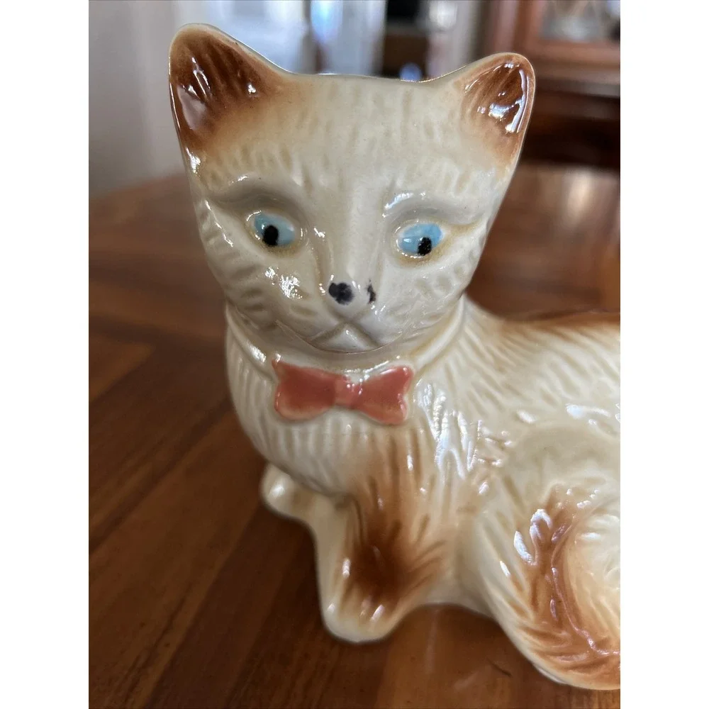 made in brazil Glazed Pottery Ceramic‎ Brown Beige Cat Kitten Kitty